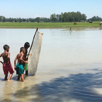 The children are fishing with nets