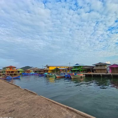 Floating city on a lake