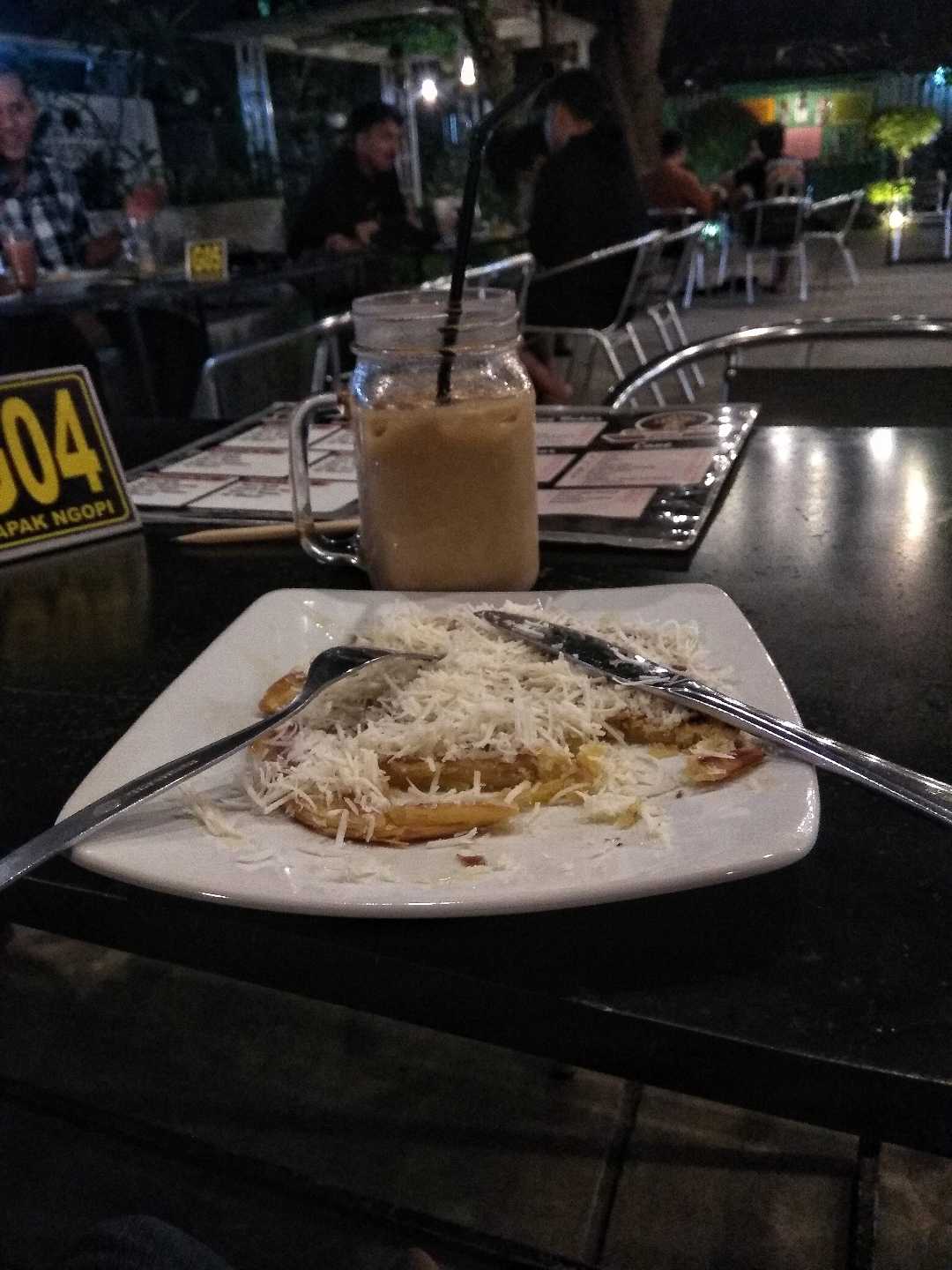 Cane with a sprinkling of cheese and Iced Coffee Milk.