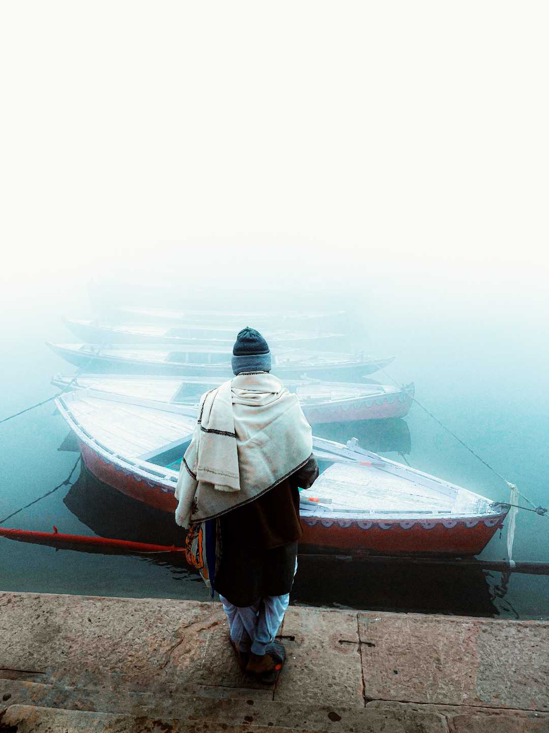 Shrouded in white.